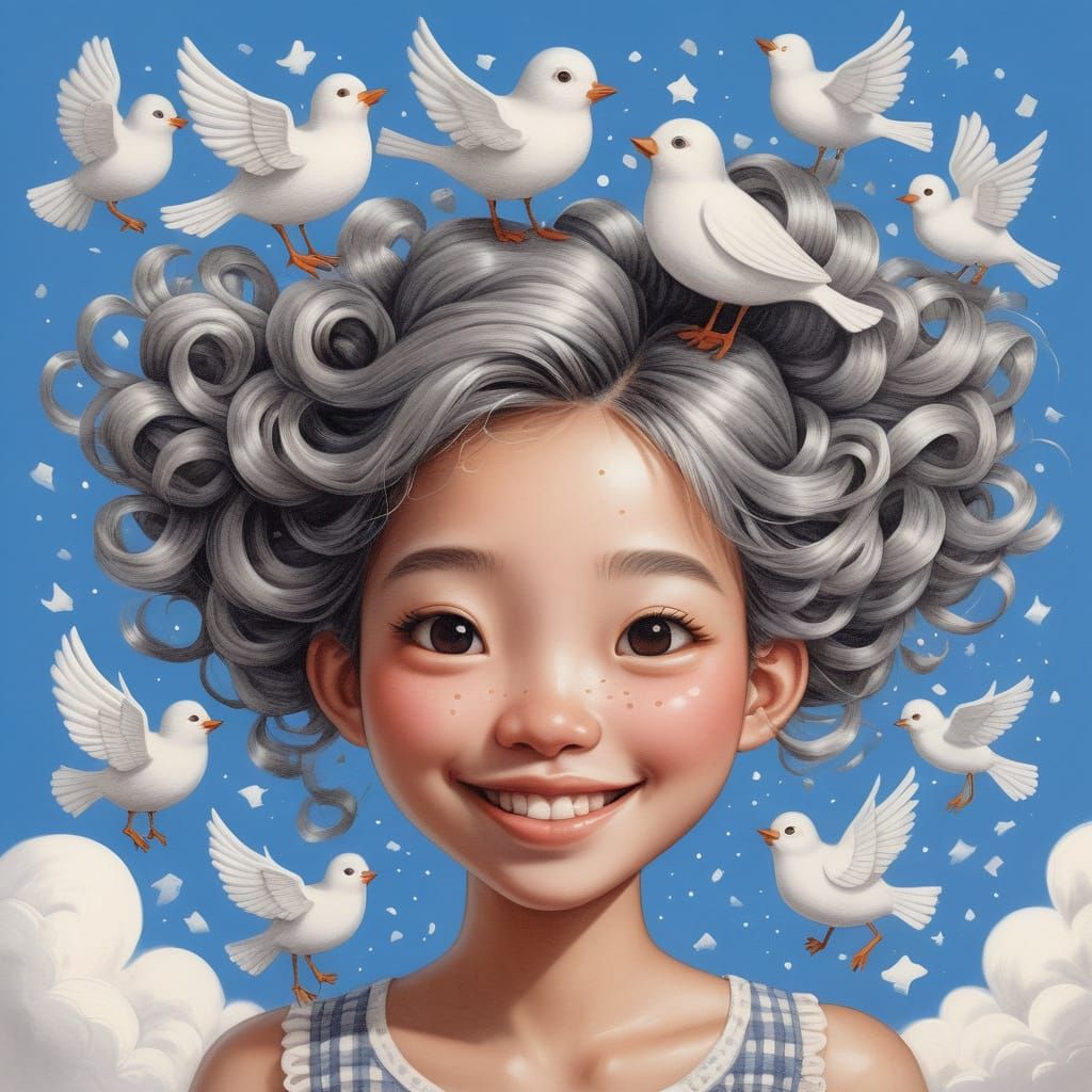 Whimsical Storybook Girl Portrait with Birds and Clouds