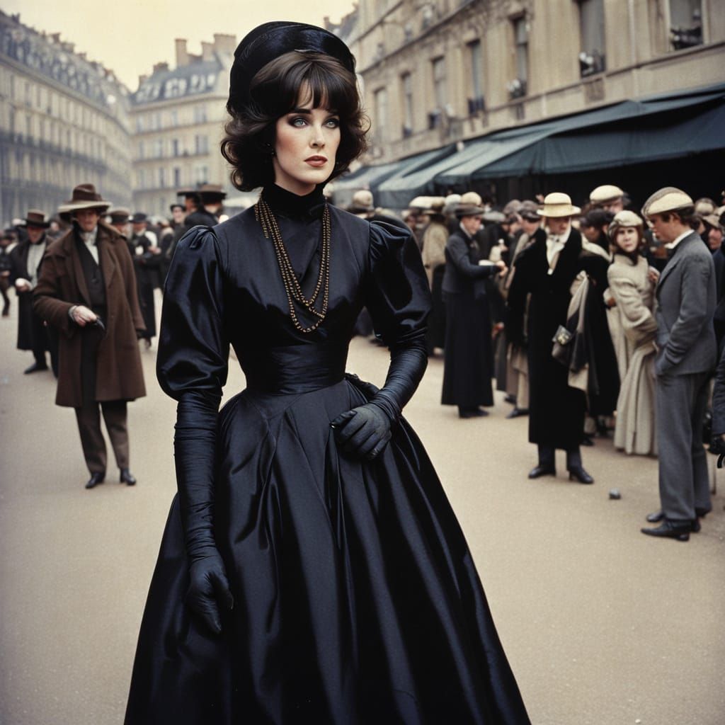 Isabelle Adjani in Black Opera Gown on Parisian Street