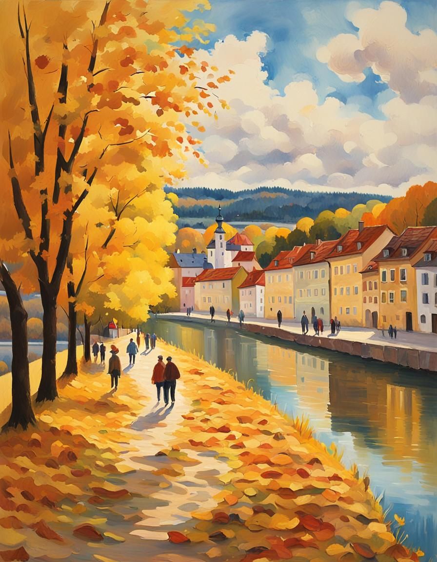 Austrian Town Autumn Scene in Impressionist Gouache Style