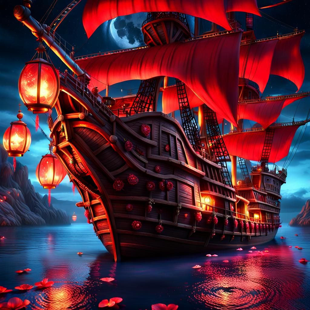 Upside-Down Pirate Ship in Red Moonlight, UHD