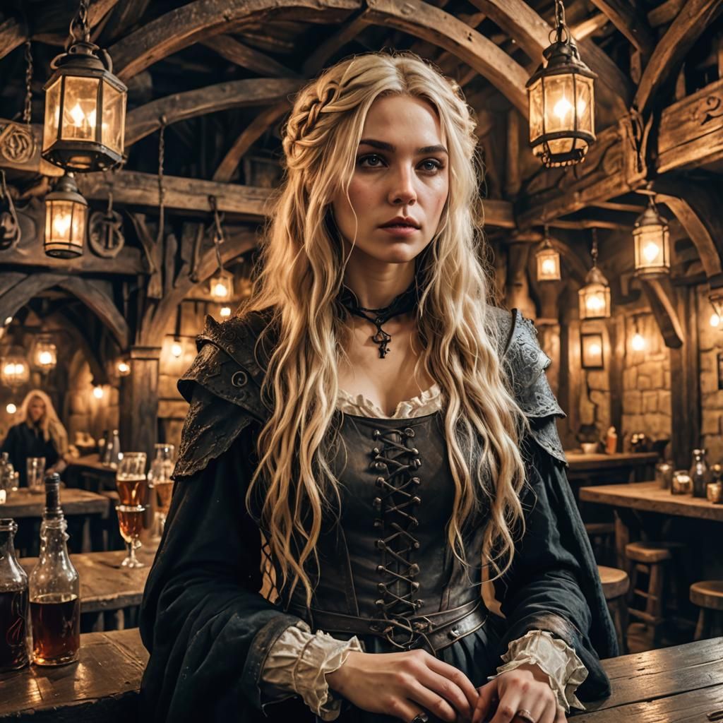 Mysterious Blonde Girl in Apocalyptic Tavern