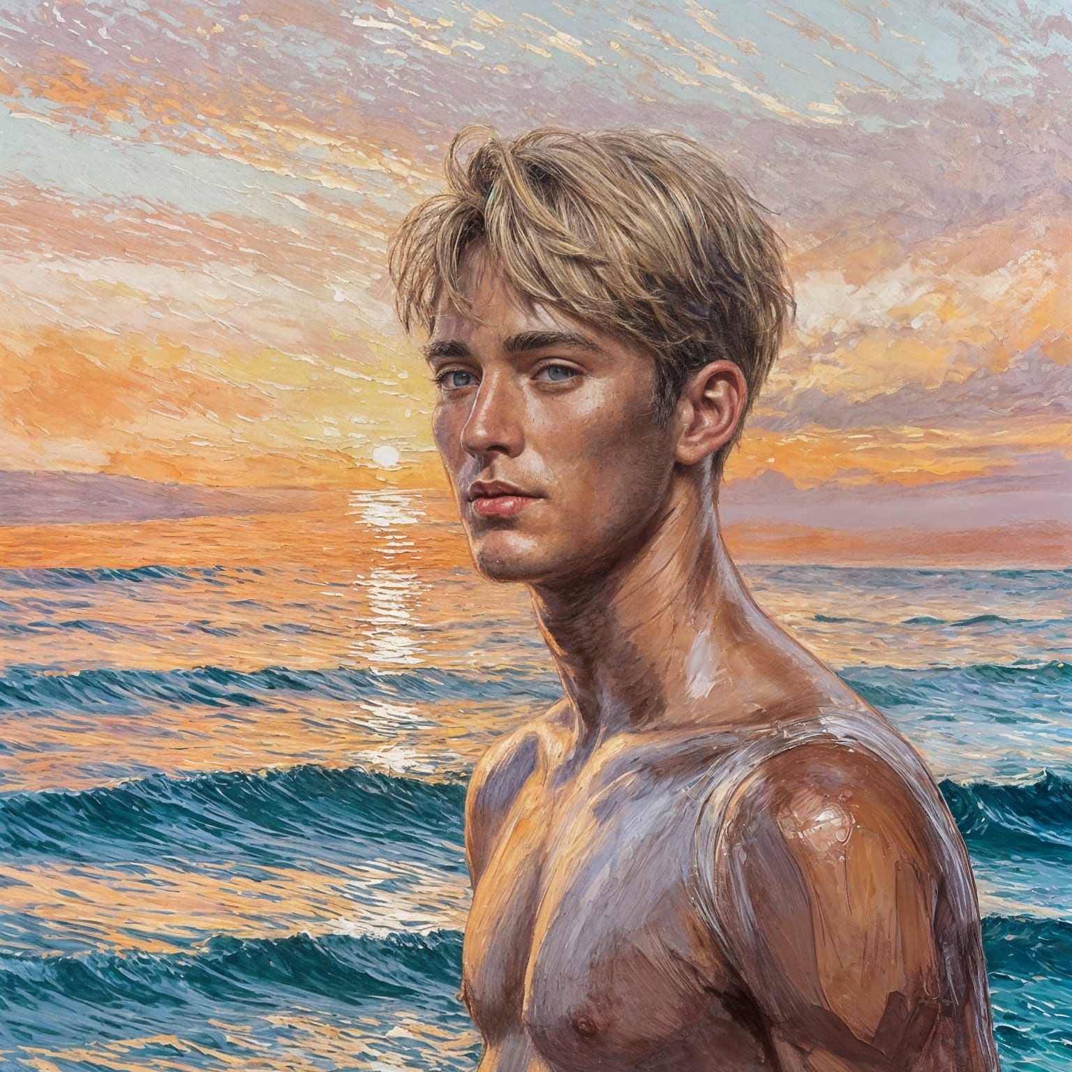 Ethereal Male Portrait Under Sunset Ocean Glow