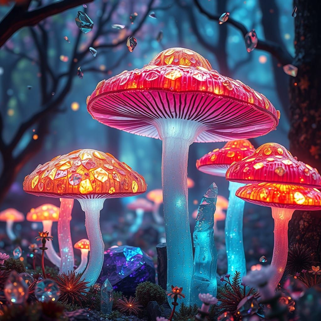 Ethereal Crystal Forest with Glowing Mushrooms and Falling S...