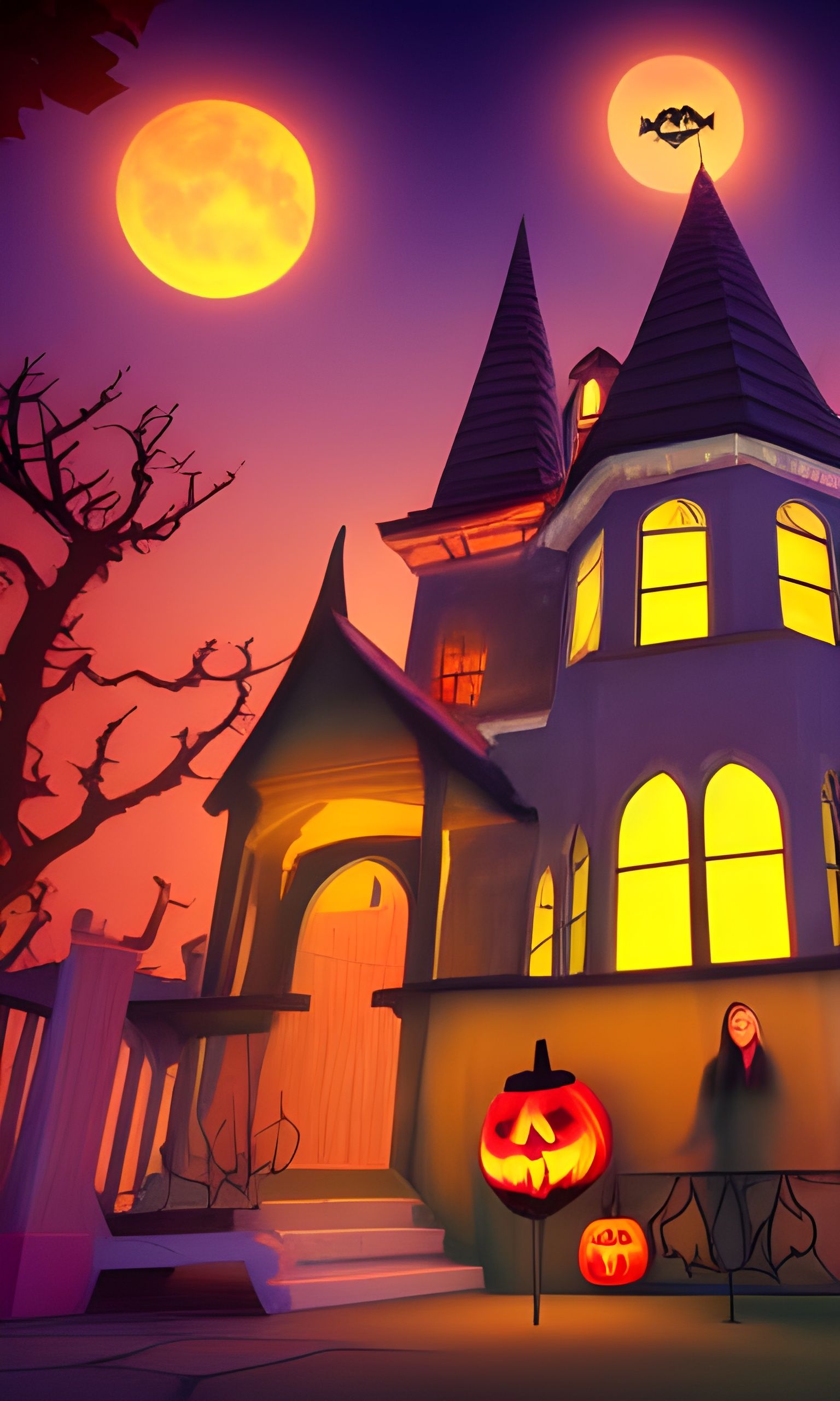 Spooky Halloween Wedding Cartoon in American Neighborhood