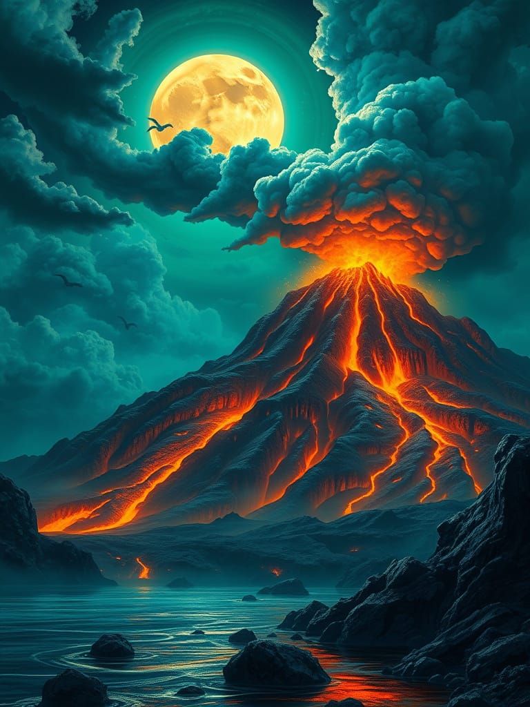 Epic Fantasy Volcano Erupts Under Full Moon