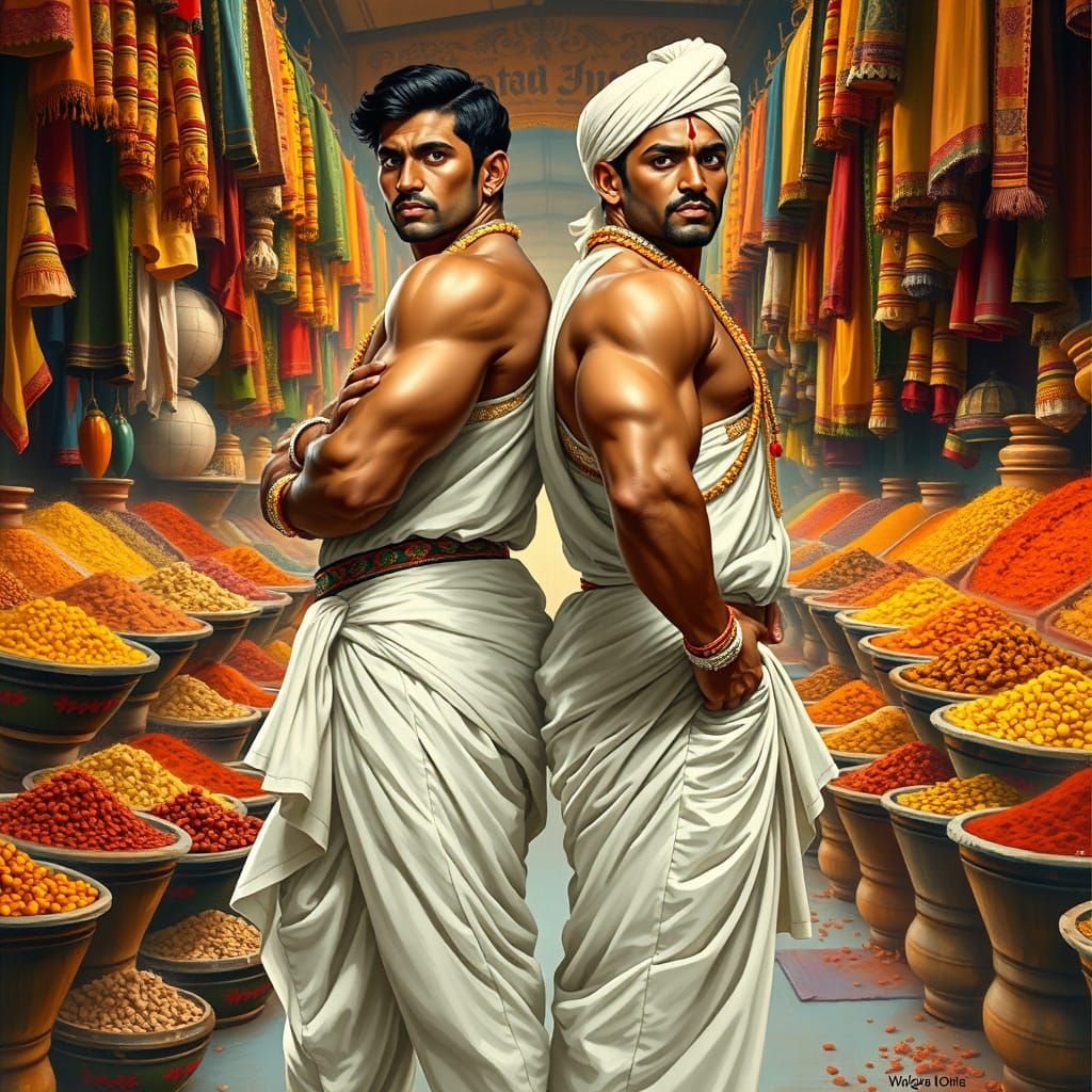 Indian Men in Spice Market: Vintage Travel Poster Art