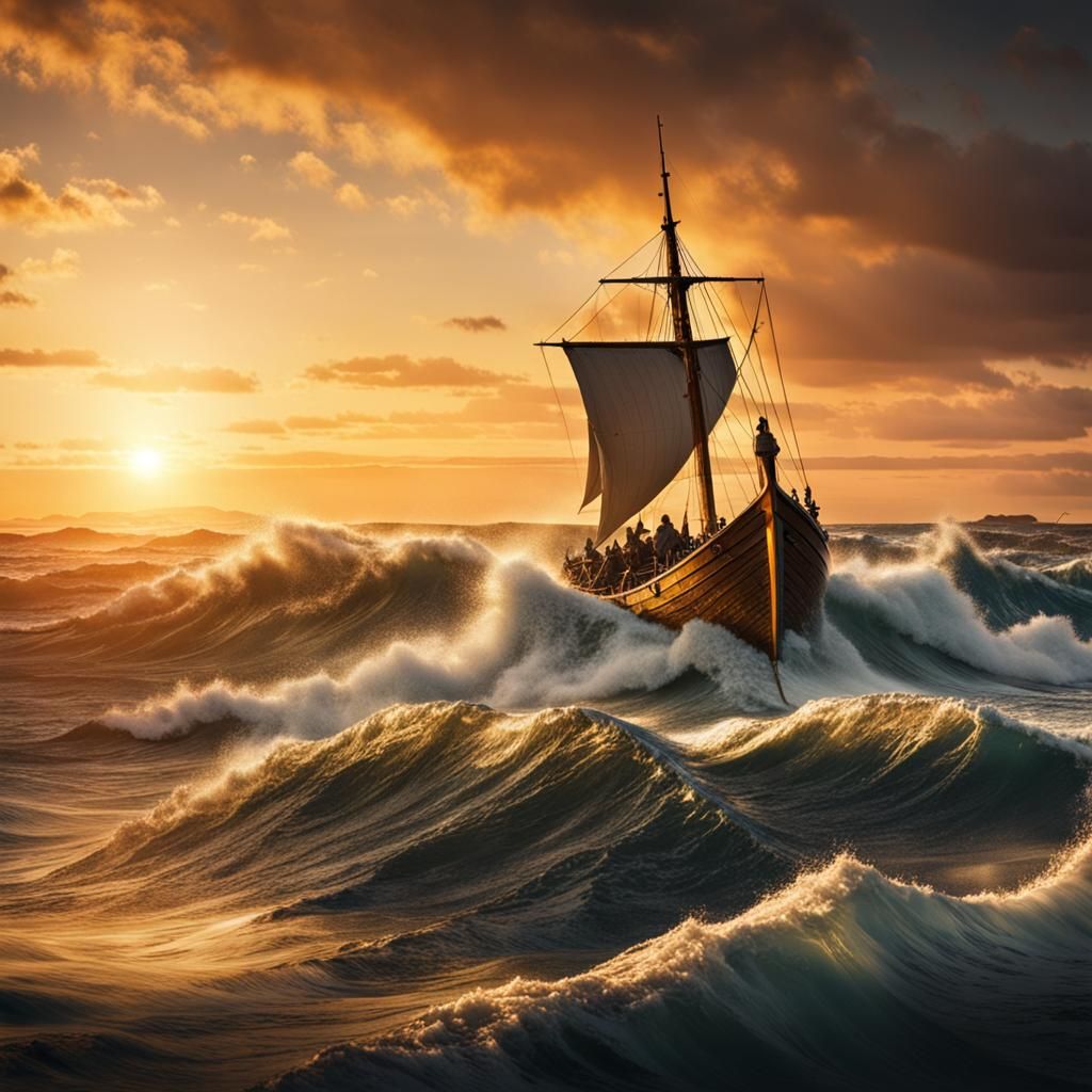 Viking Ship at Sea During Golden Sunset