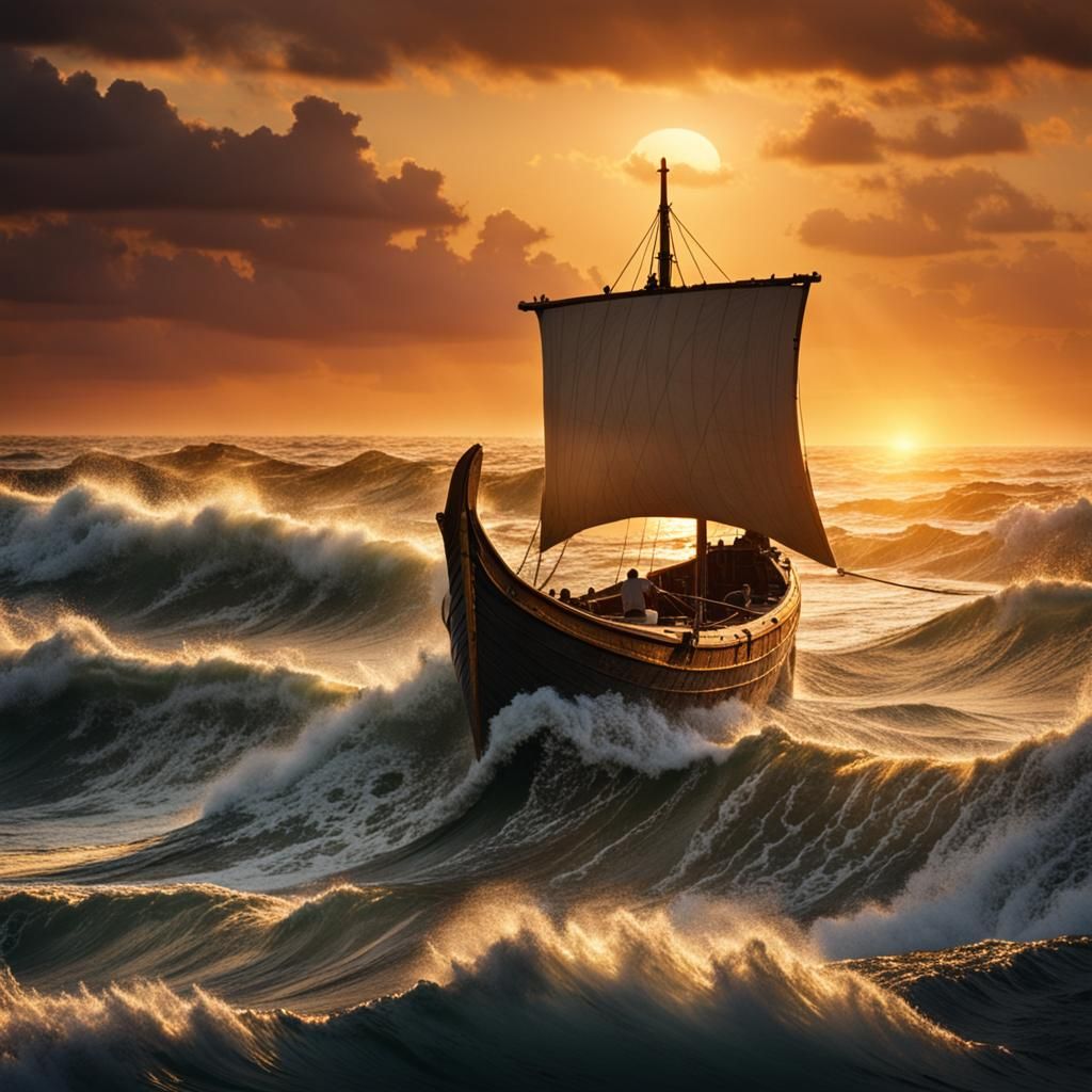 Viking Ship Sailing at Sunset in Golden Hour