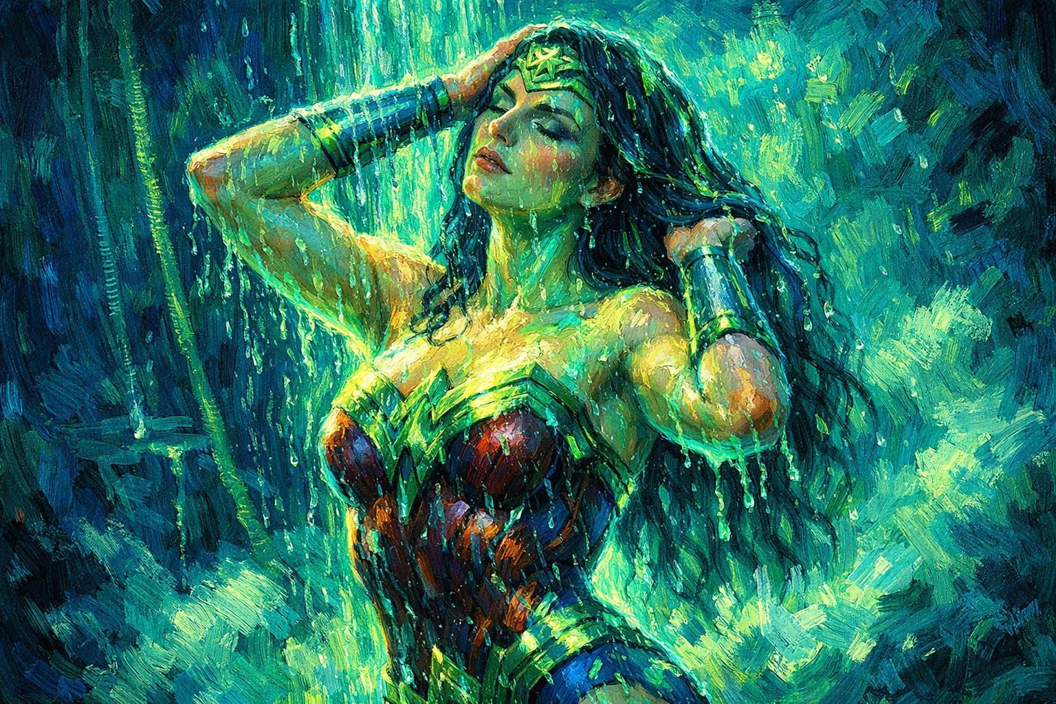 Bioluminescent Wonder Woman in Van Gogh Impasto Style