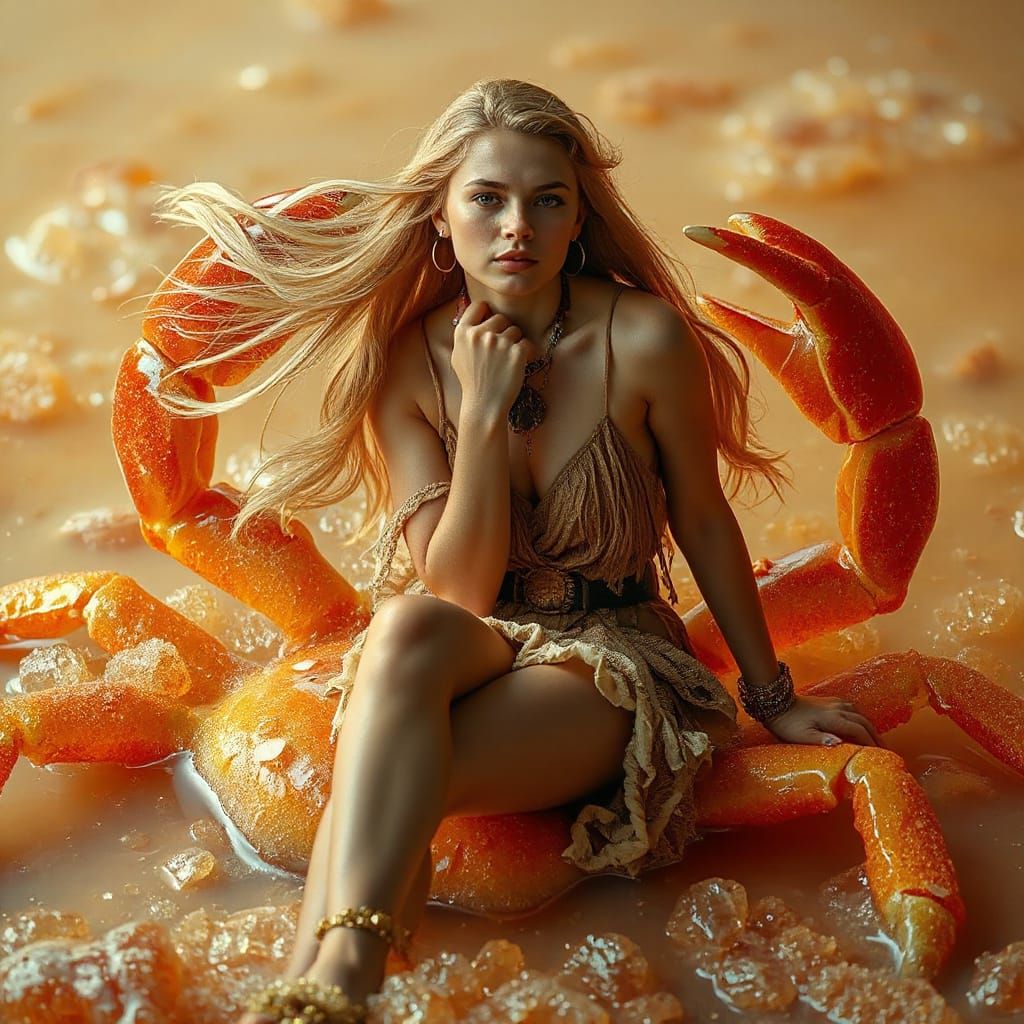 Woman on Gummy Crab in Effervescent Soda Sea