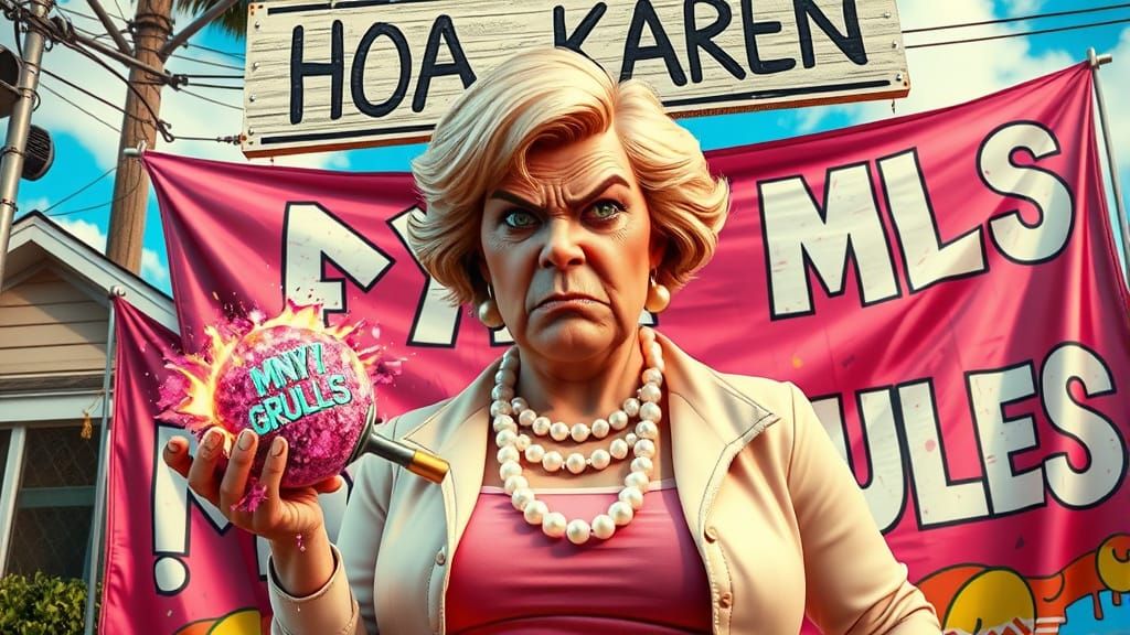 HOA Karen with Glitter Bomb in Hyperrealistic 3D