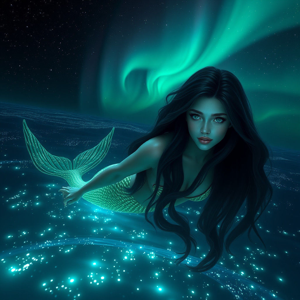 Bioluminescent Mermaid in Ethereal Ocean, Digital Art