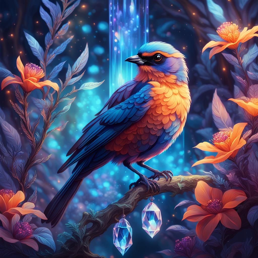 Majestic Bird on Crystal Branch: Fantasy Concept Art