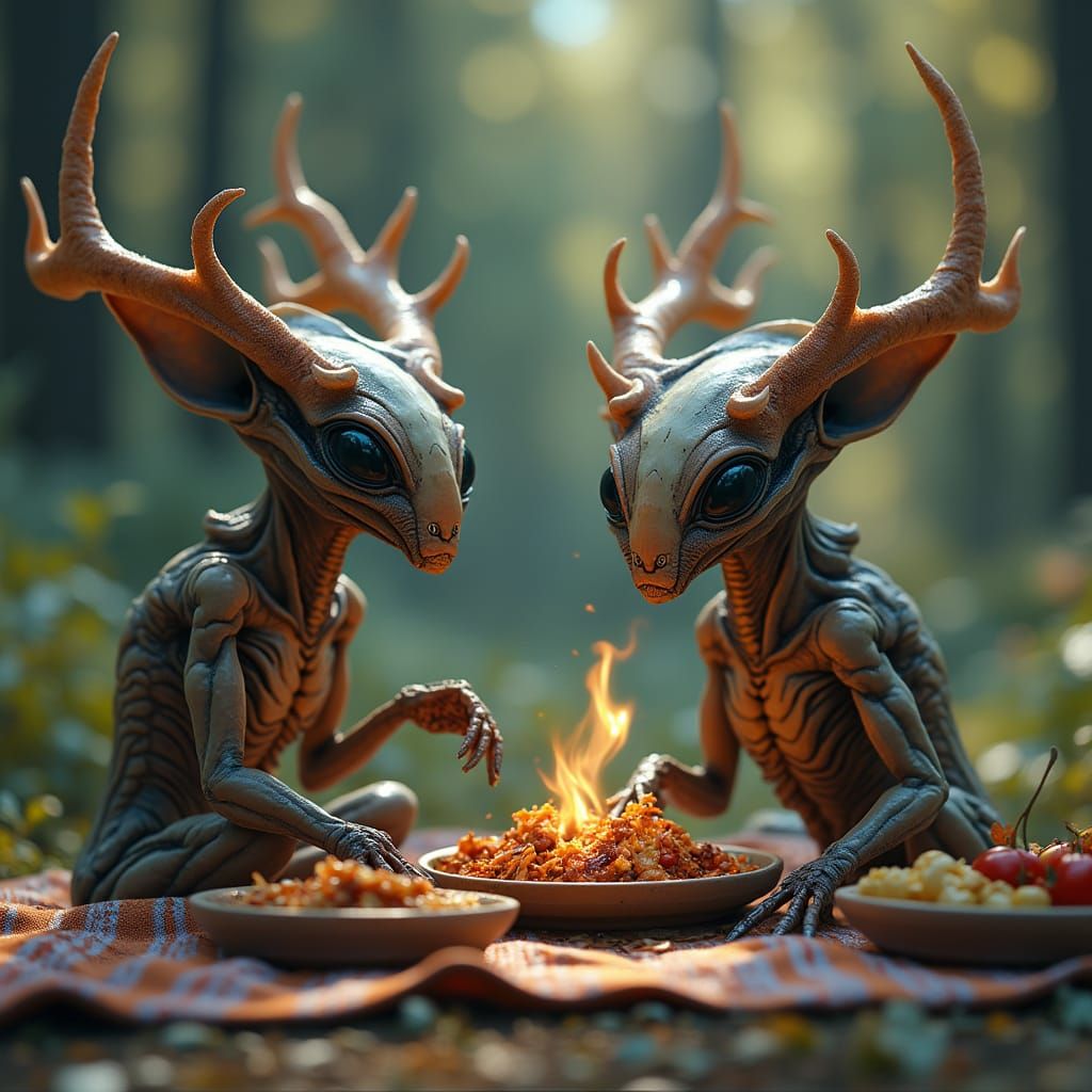 A pair of aliens enjoying a picnic lunch.