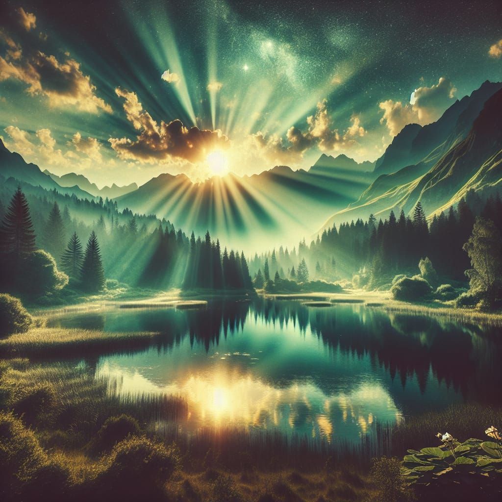 Serene Nature Scene with God Rays, Cinematic Aesthetic