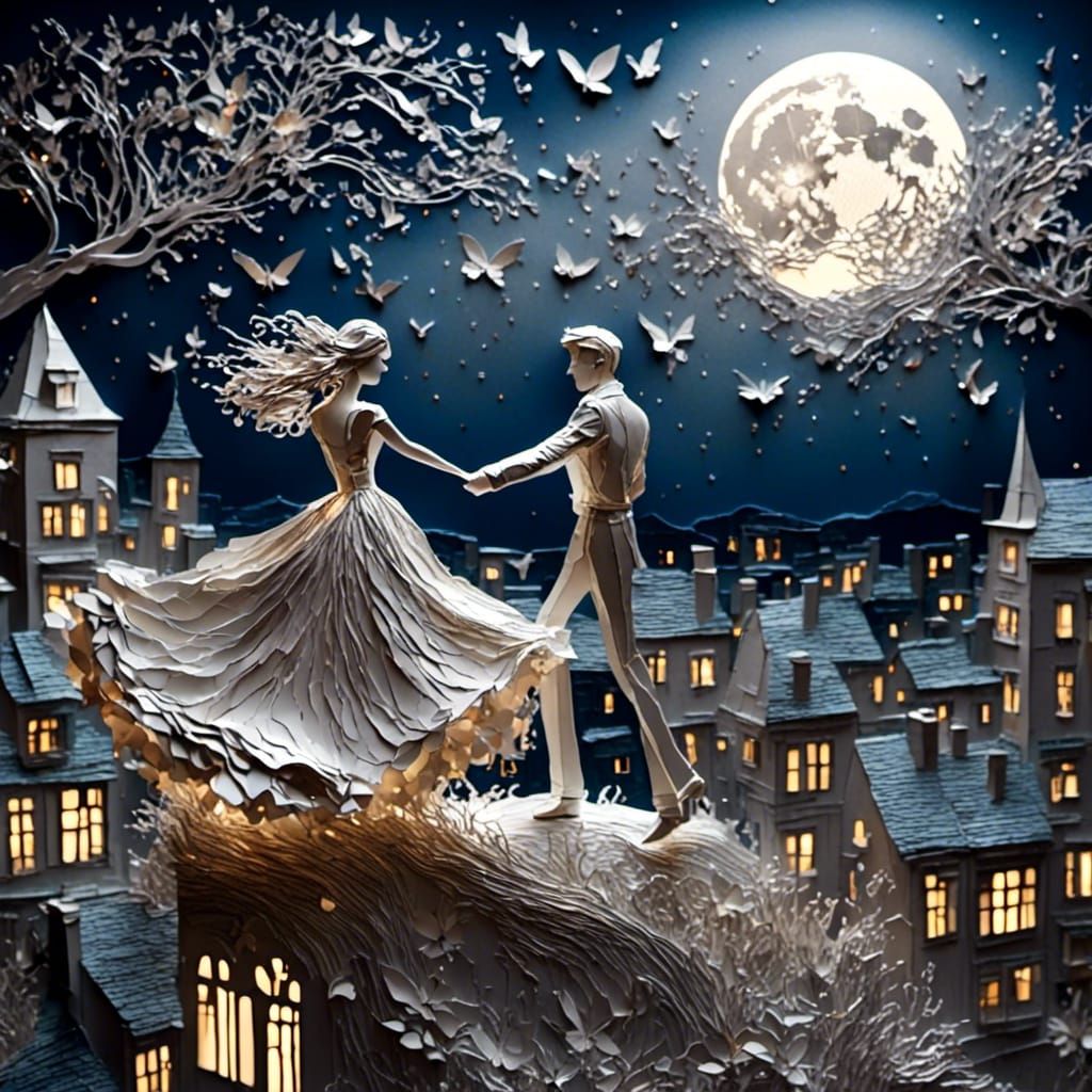 Romantic Rooftop Dance in Cut Paper Art