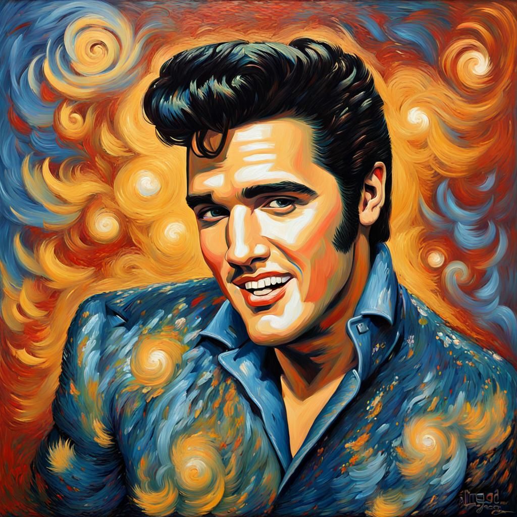 Oil painting of Elvis Presley in the style of Van Gogh, Post-Impressionism, Neo-Impressionism, depicting the iconic sing...