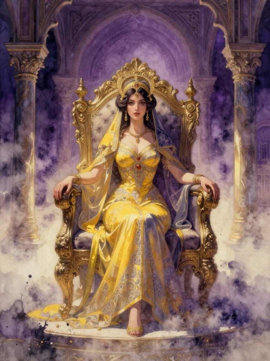 Futuristic Princess in Mansion, Watercolor Landscape