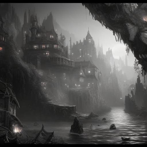 Cozy Black and White Video Game Landscape in Graphic Art