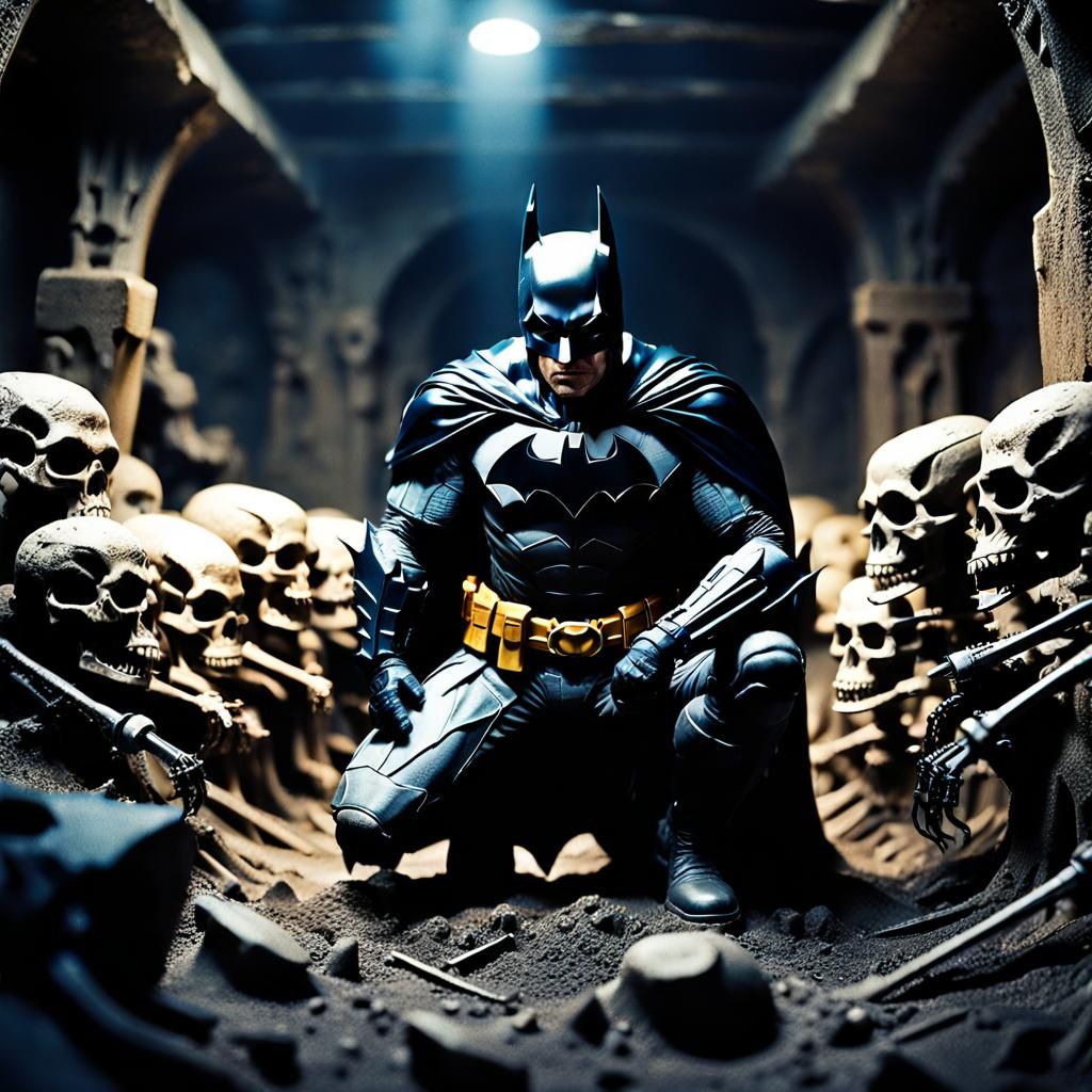 Batman Amidst Ancient Skeletons in a Dramatic, Gothic-Inspir...