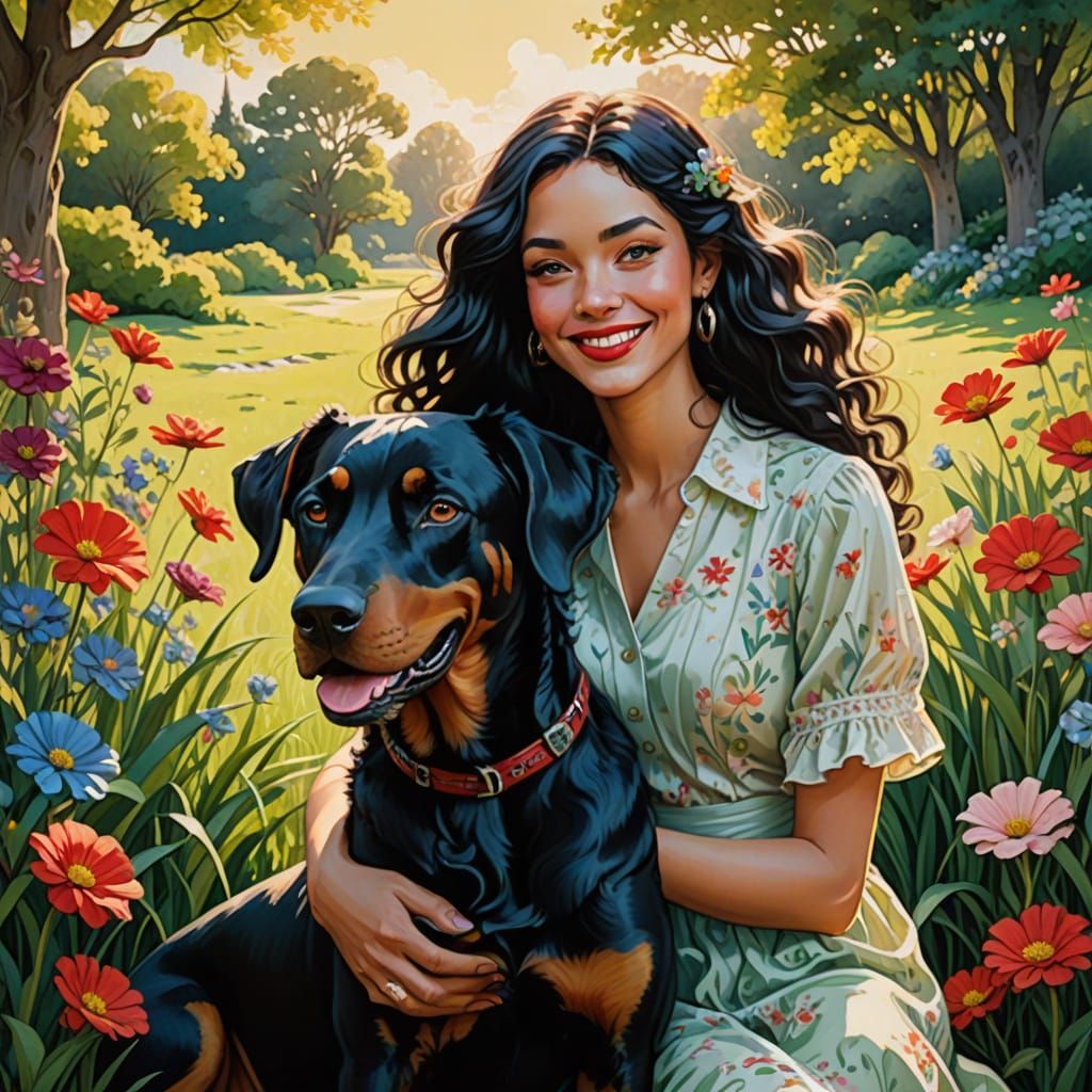 Whimsical Summer Portrait with Girl and Doberman