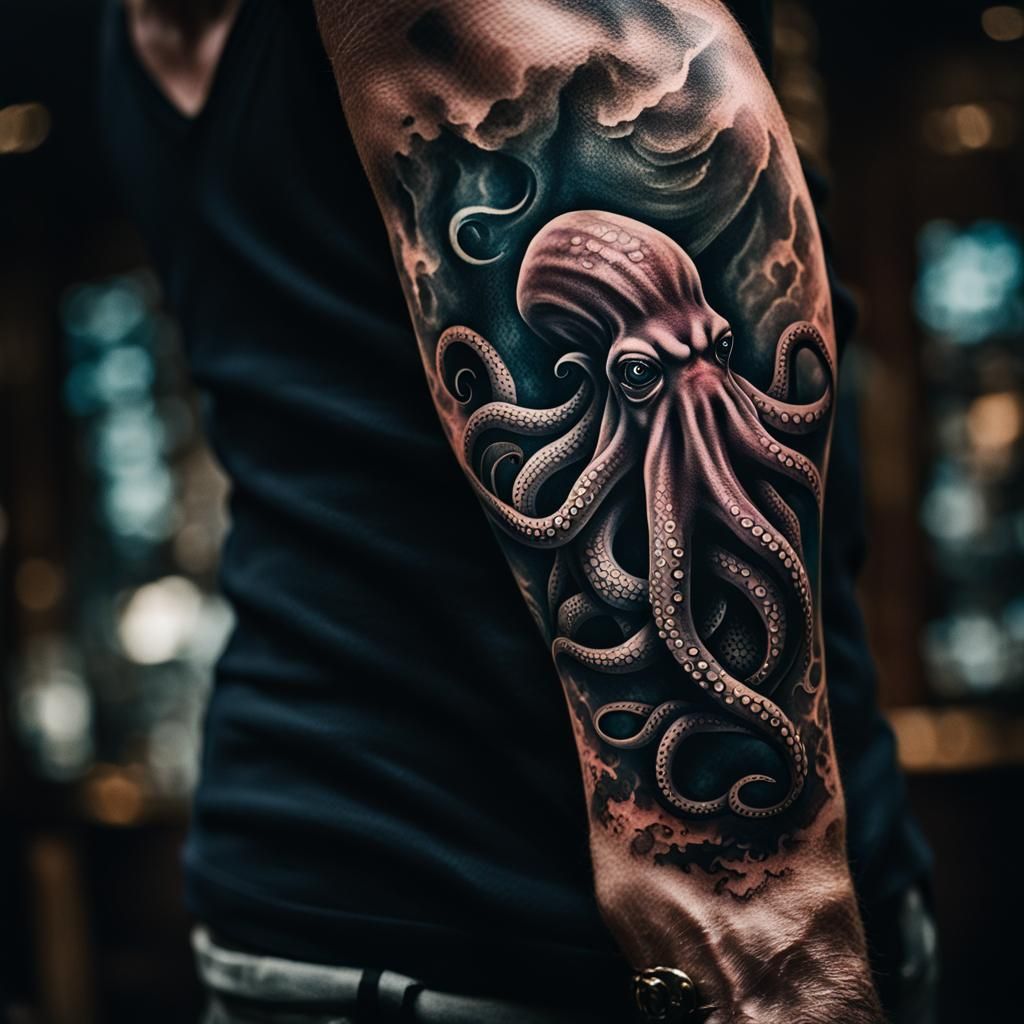 Muscular Arm Tattoo: Octopus Attack on Pirate Ship