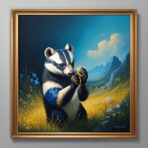 Whimsical Badger Artist at Work in a Vibrant Oil Painting