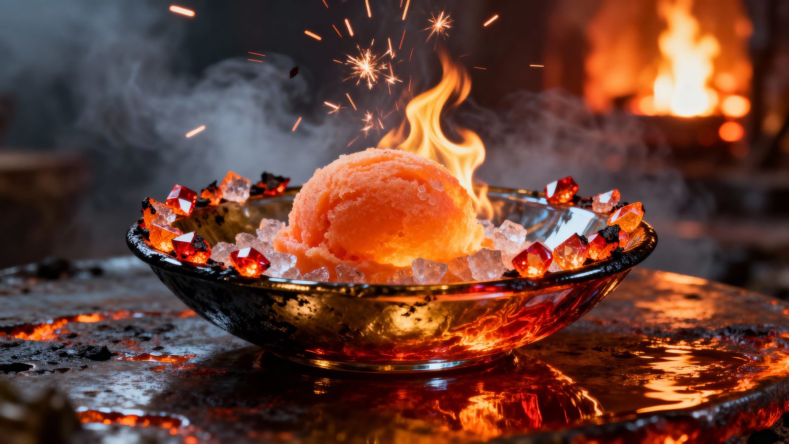 Ember Sorbet in Brass Bowl with Charred Citrus