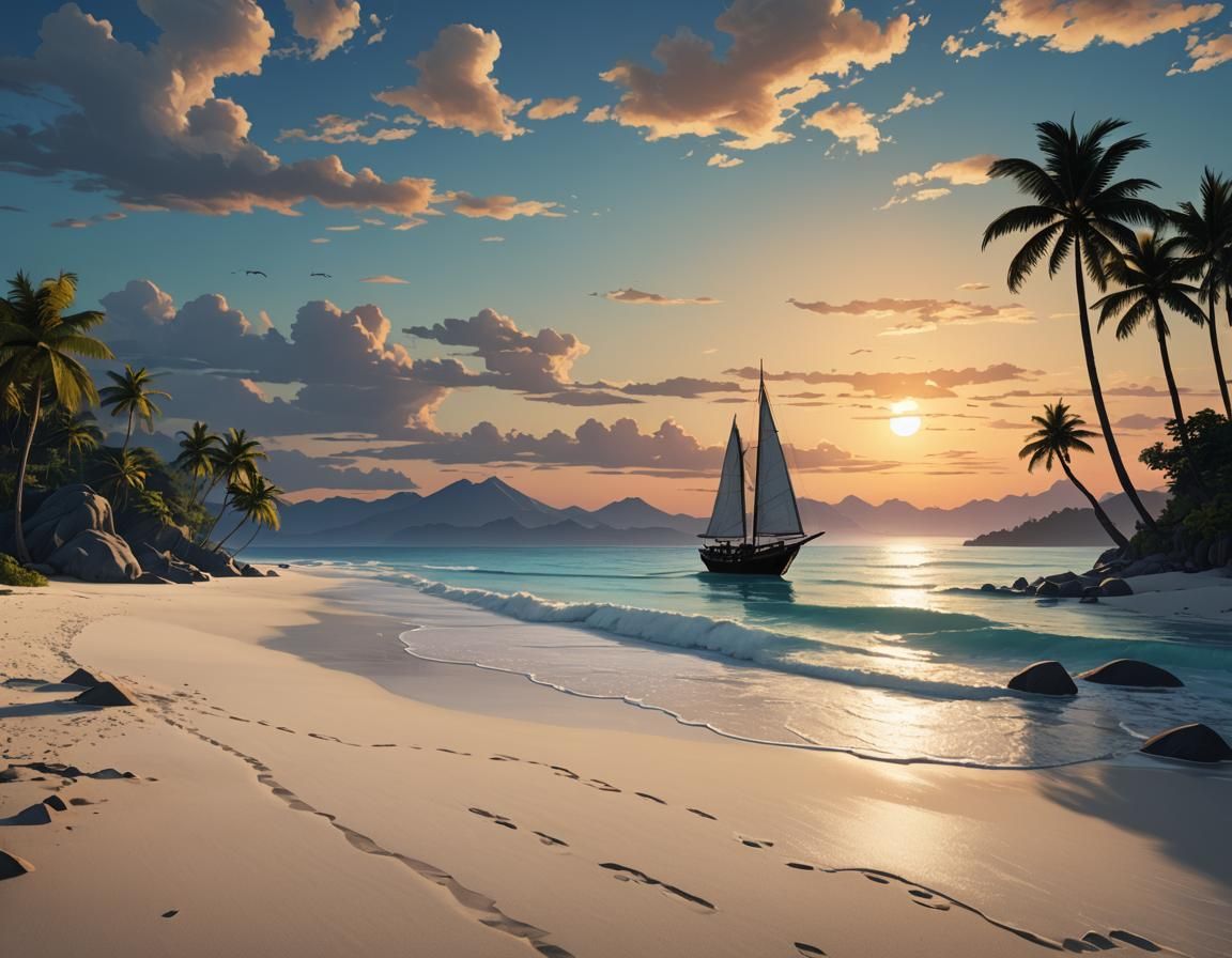 Ukiyo-e Tropical Beach Sunset with Sailboat