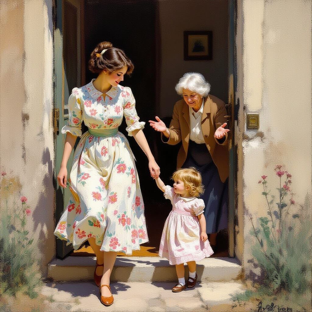 Impressionistic Family Scene with Impasto Textures