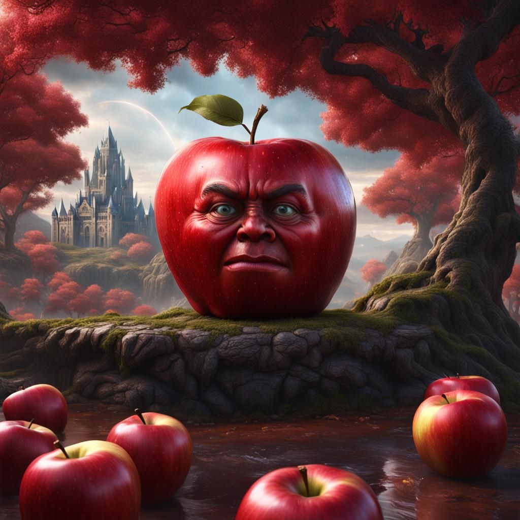 Giant Red Apple with Human Face in Detailed Matte Painting