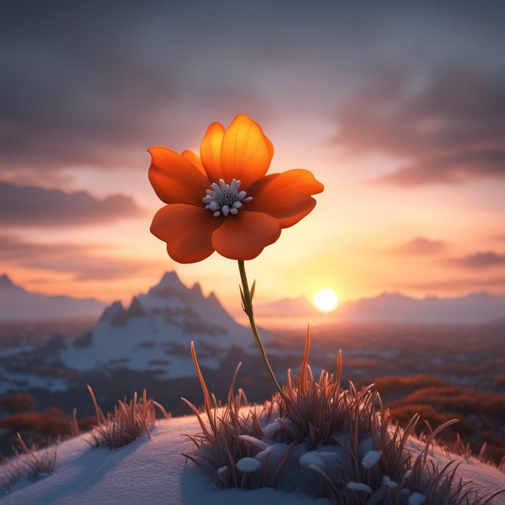 Lonely Orange Flower in Frozen Sunset Landscape