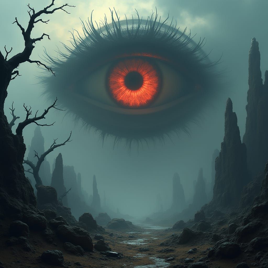 Cosmic Eye Hovers Above a Twisted, Dreamlike Landscape