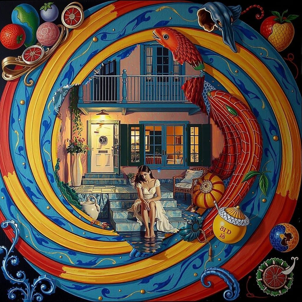 Woman By Water At Pink Stucco House Under Moonlight