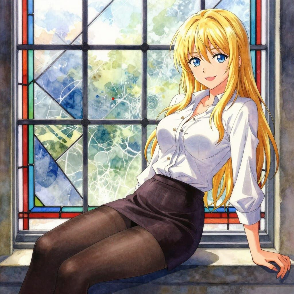 Anime Woman By Stained Glass Window In Watercolor Style