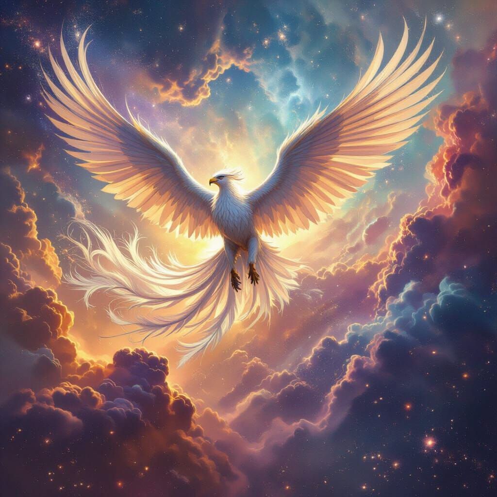 Griffin Soaring Through Nebula in Epic Fantasy Art