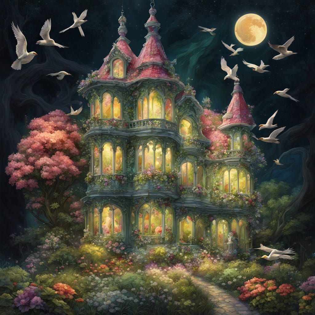 Stunning Art Nouveau Bird House in a Vibrant Garden