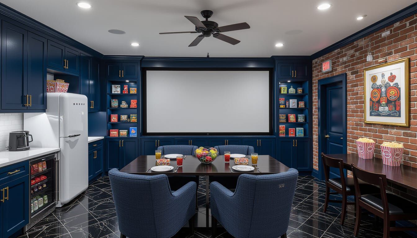 Victorian Movie Room with Dark Blue and Brick Accents