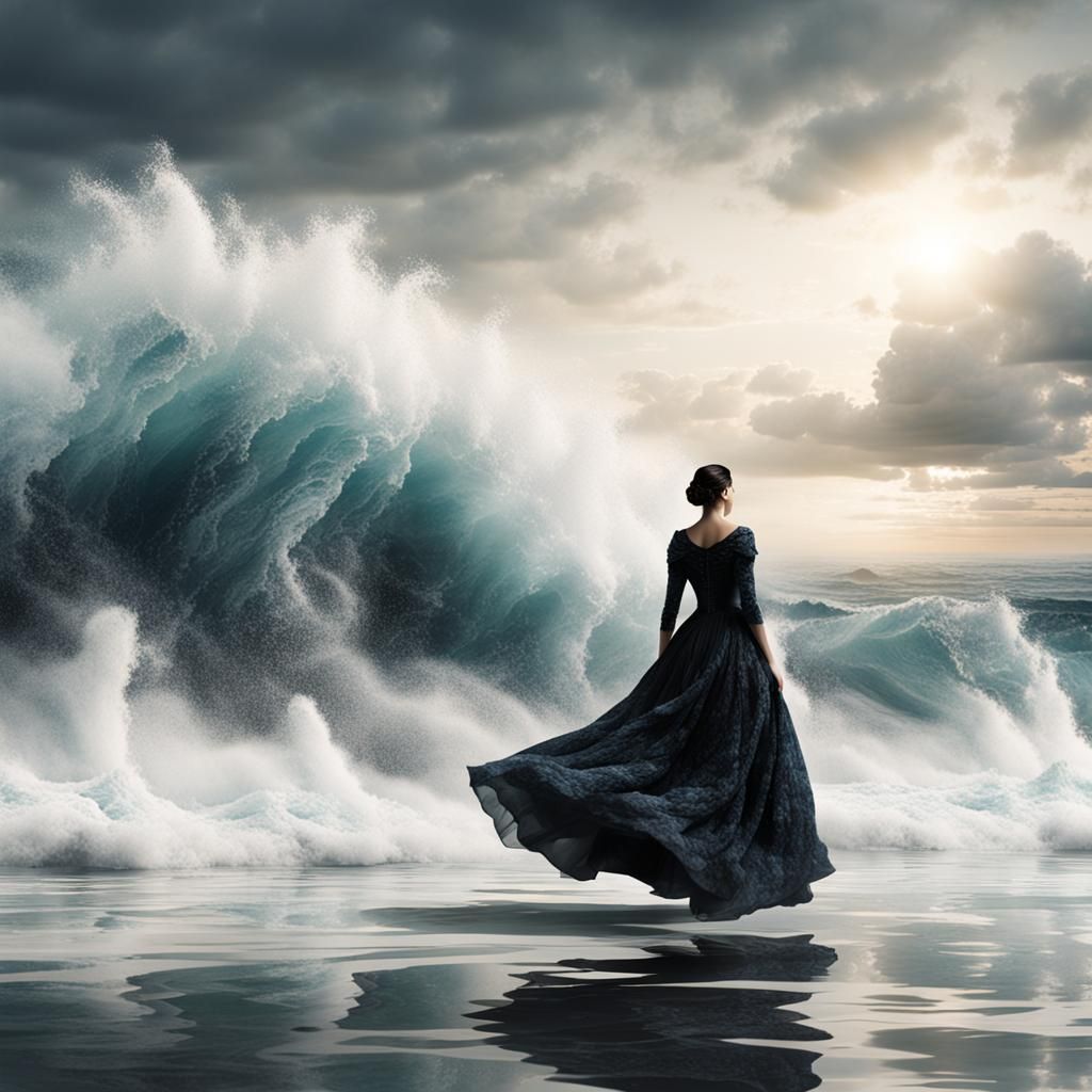 Woman's Dress Silhouette Filled with Ocean Waves