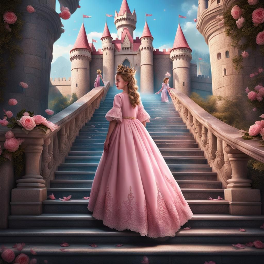 Princess in Pink Dress Descending Castle Stairs