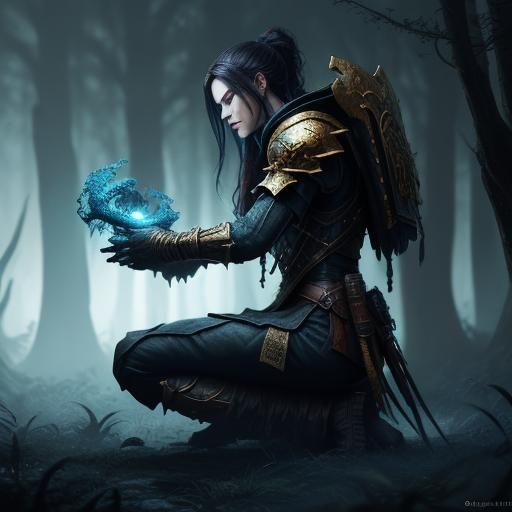 Assassin in Misty Forest: Hyper-Realistic Oil Painting