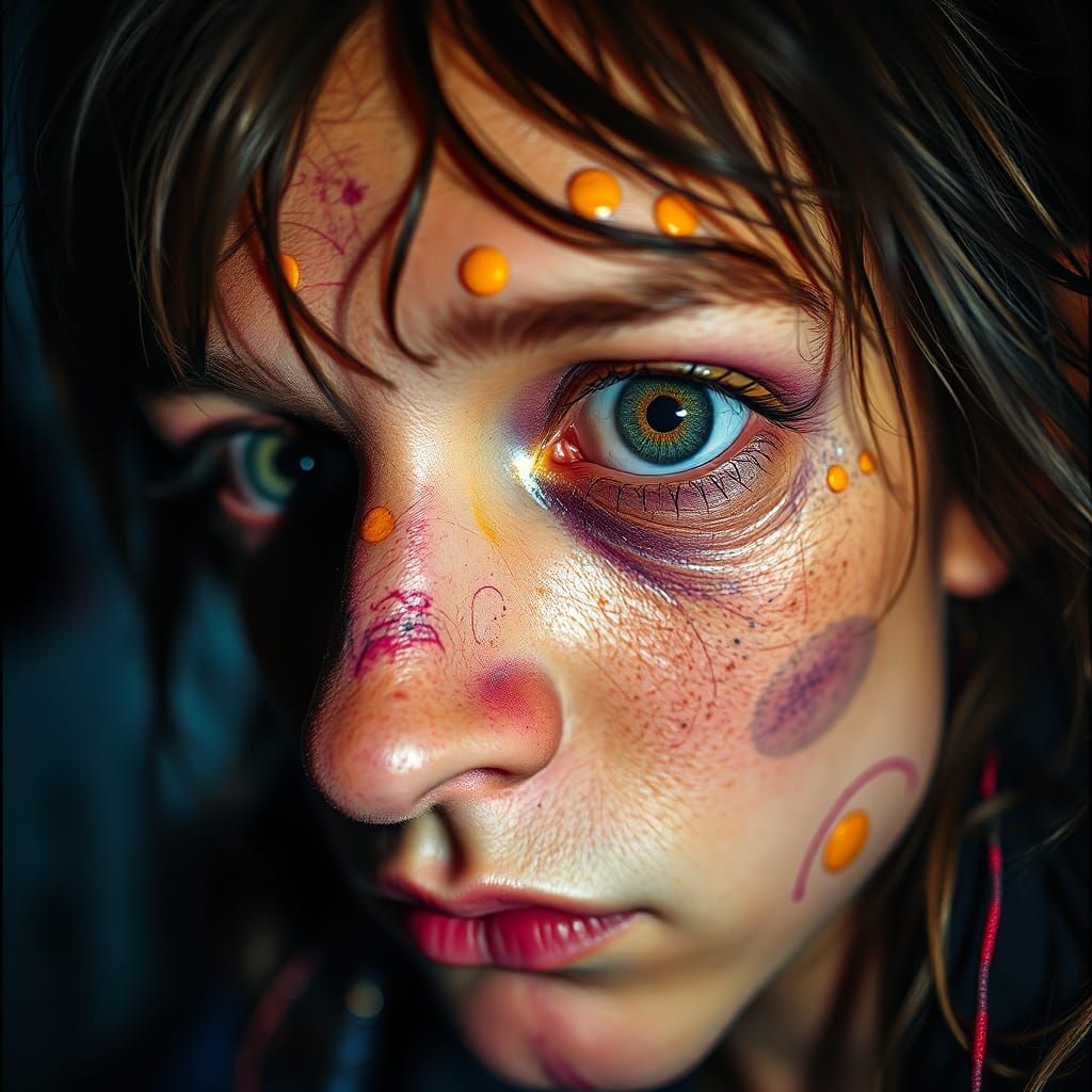 Weird Face in Contrasting Colors, Gouache Style