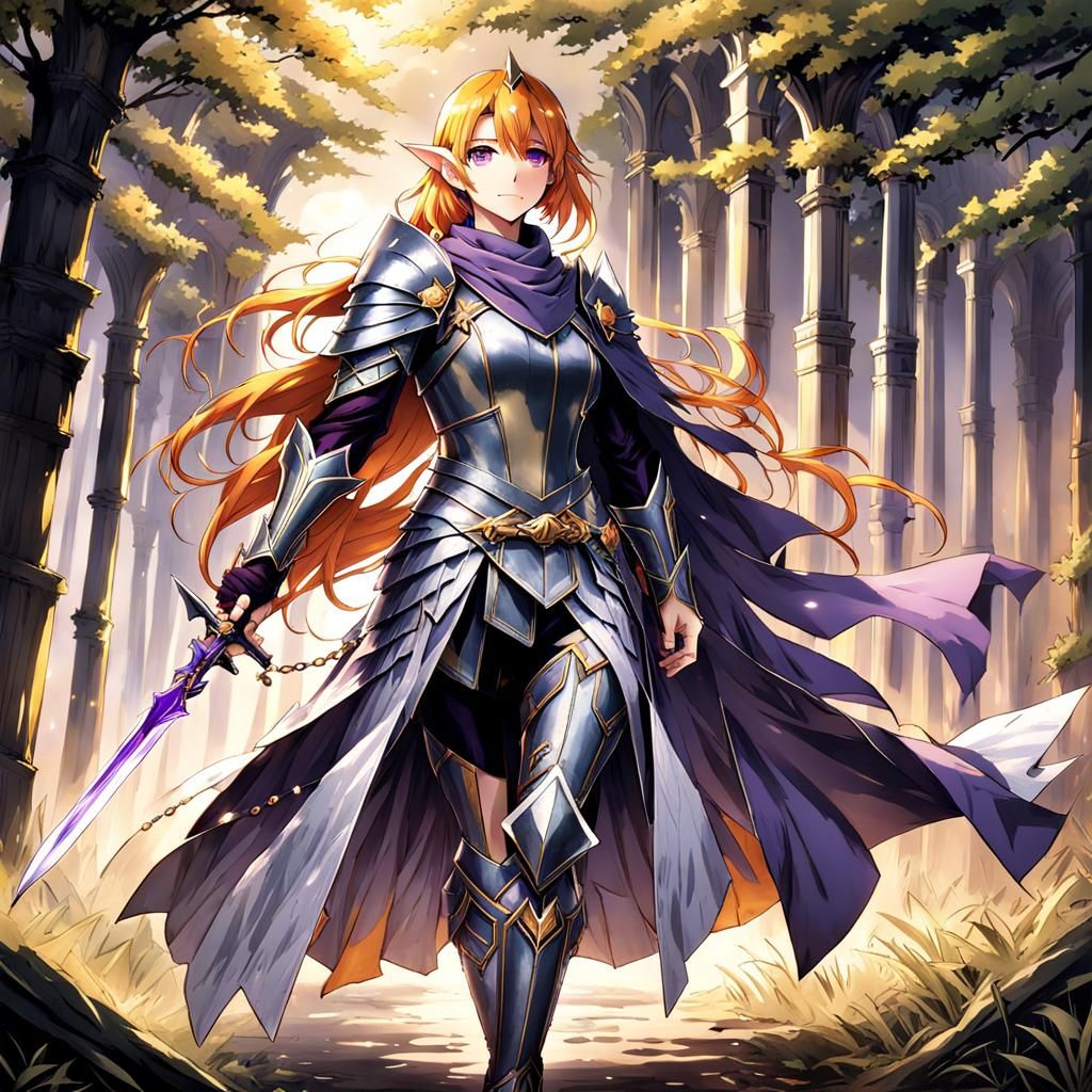 Anime Elf Knight in Lavender Armor