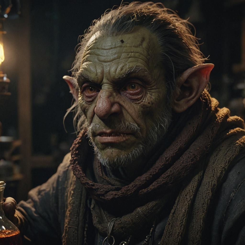 Goblin Alchemist Mixing Potions in Dark Fantasy Lab