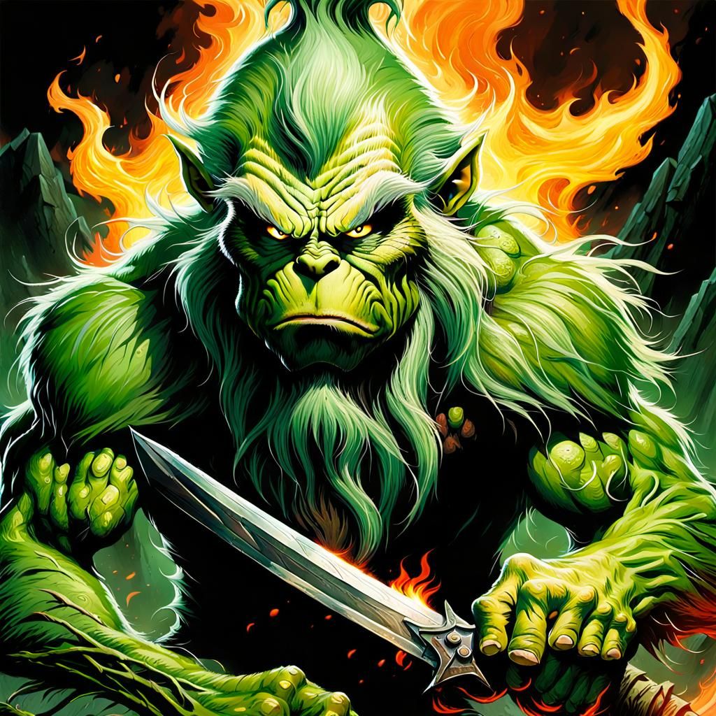 Epic Dark Fantasy Illustration of the Grinch Emerging from M...