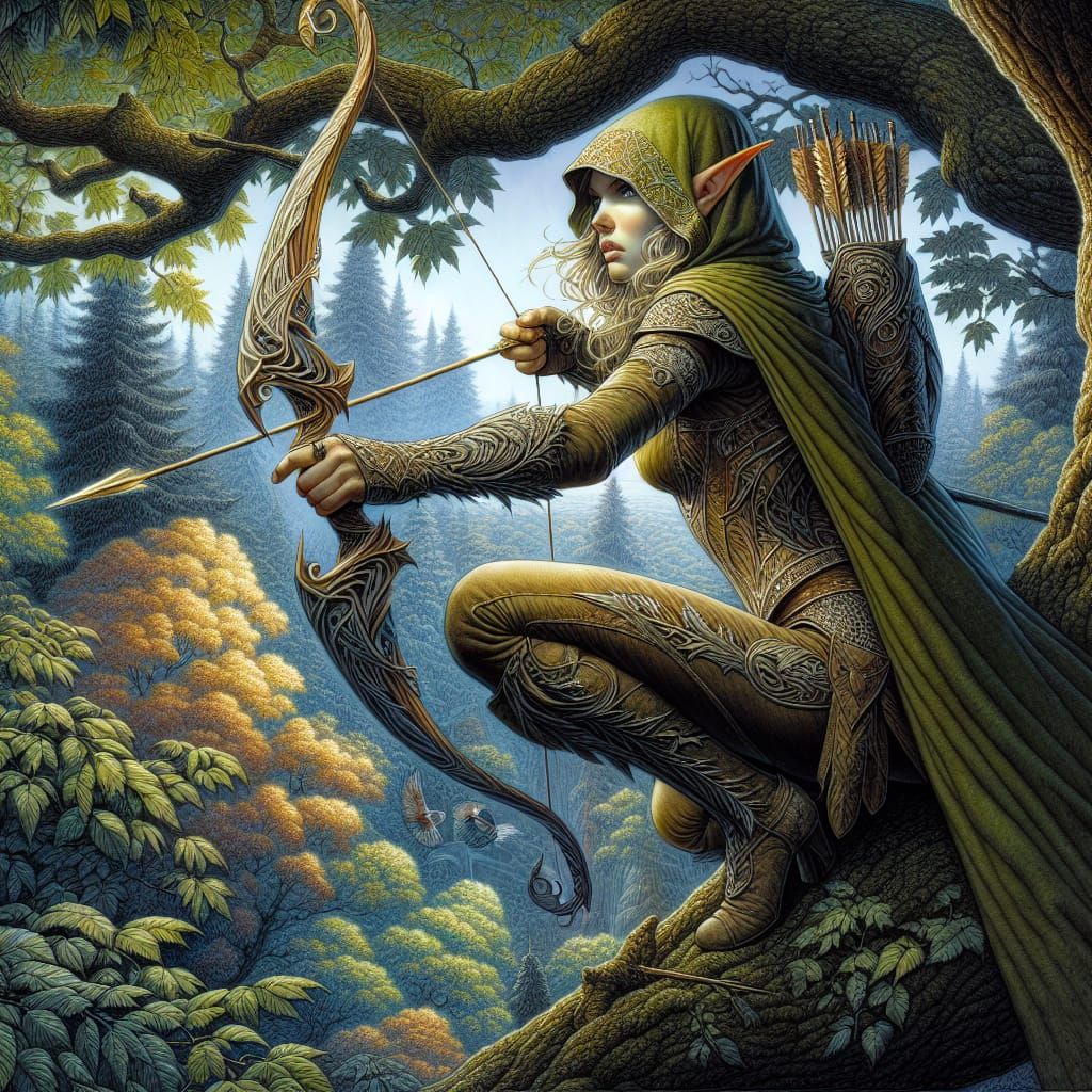 Elegant Elven Huntress in Forest Canopy