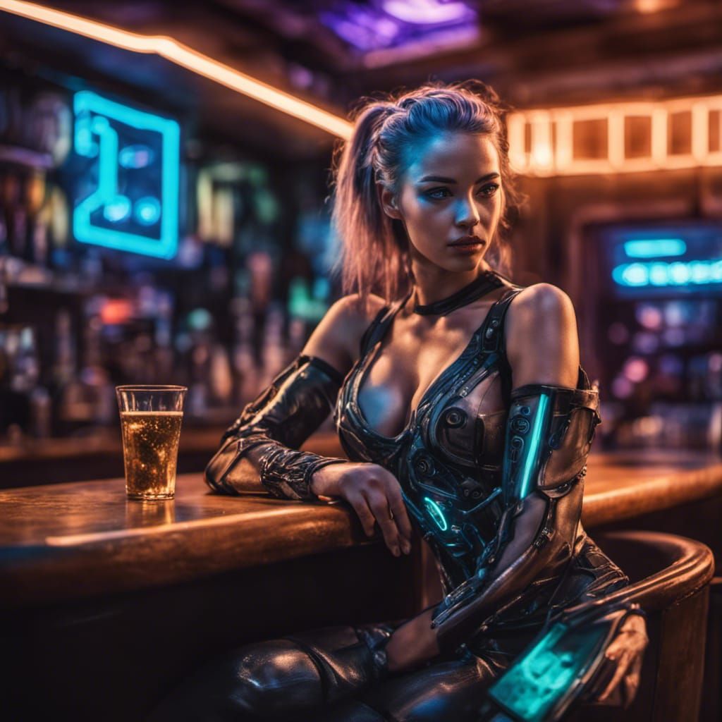 Cyberpunk Woman Relaxes in Neon Bar