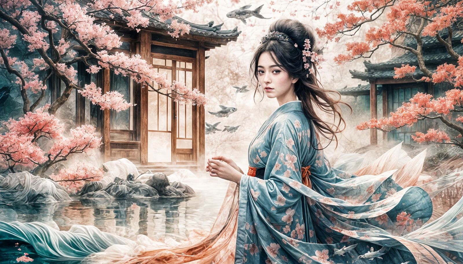 Ethereal Geisha Dances in Surreal Dreamscape
