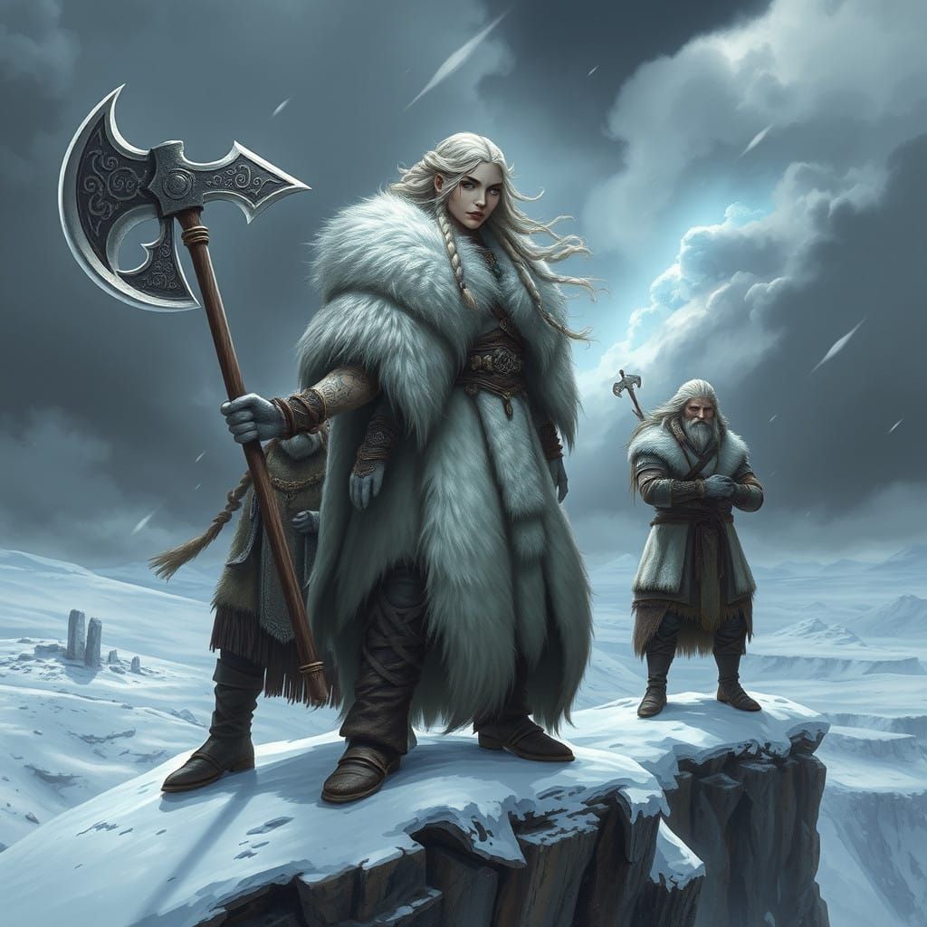 Ethereal Viking Clan Warriors in Snowy Stormy Landscape