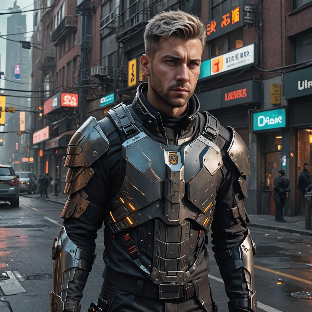 Cyberpunk Solo Standing on a Street, Detailed Digital Art